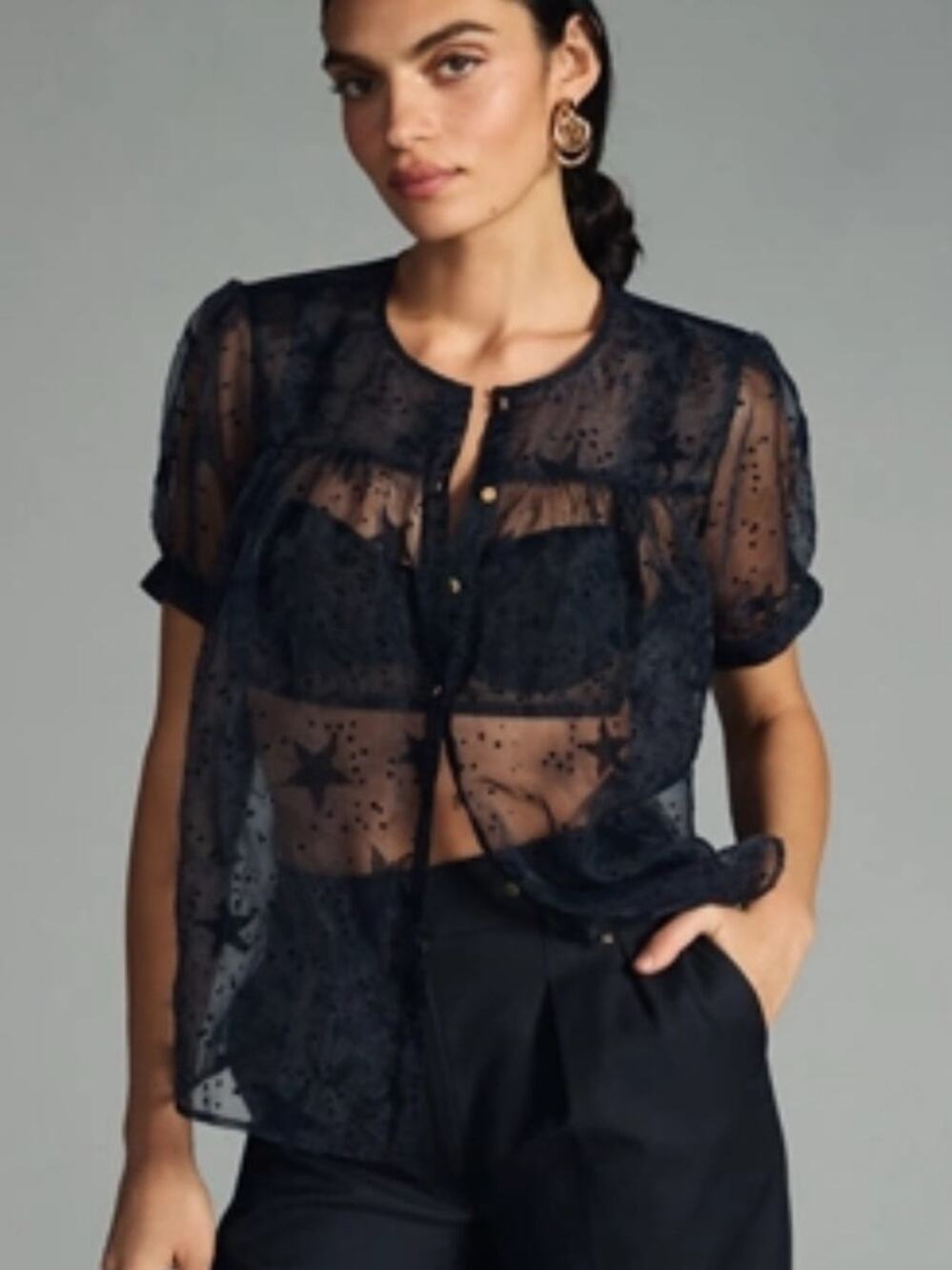 Let Me Be Anthropologie Sheer Navy Blue Star Blouse size medium